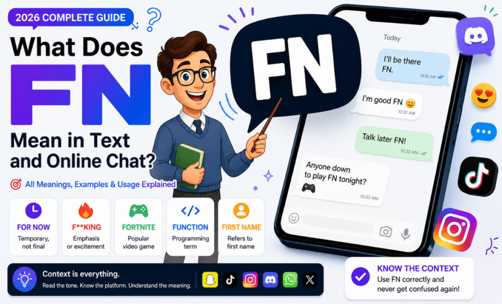 Confused by 'FN' in a text We break down every meaning — For Now, Fortnite, slang & more — with real examples for every platform in 2026!